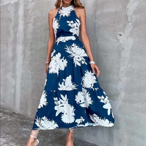 Boho floral plants cutout back ruffle hem dress - Picture 6 of 10